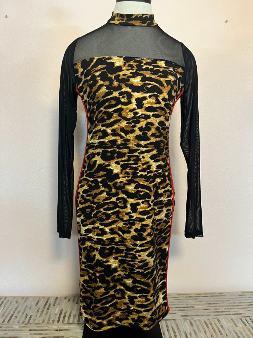 French Atmosphere Leopard Print Bodycon Dress Mesh Sheer Long Sleeve Mock Neck